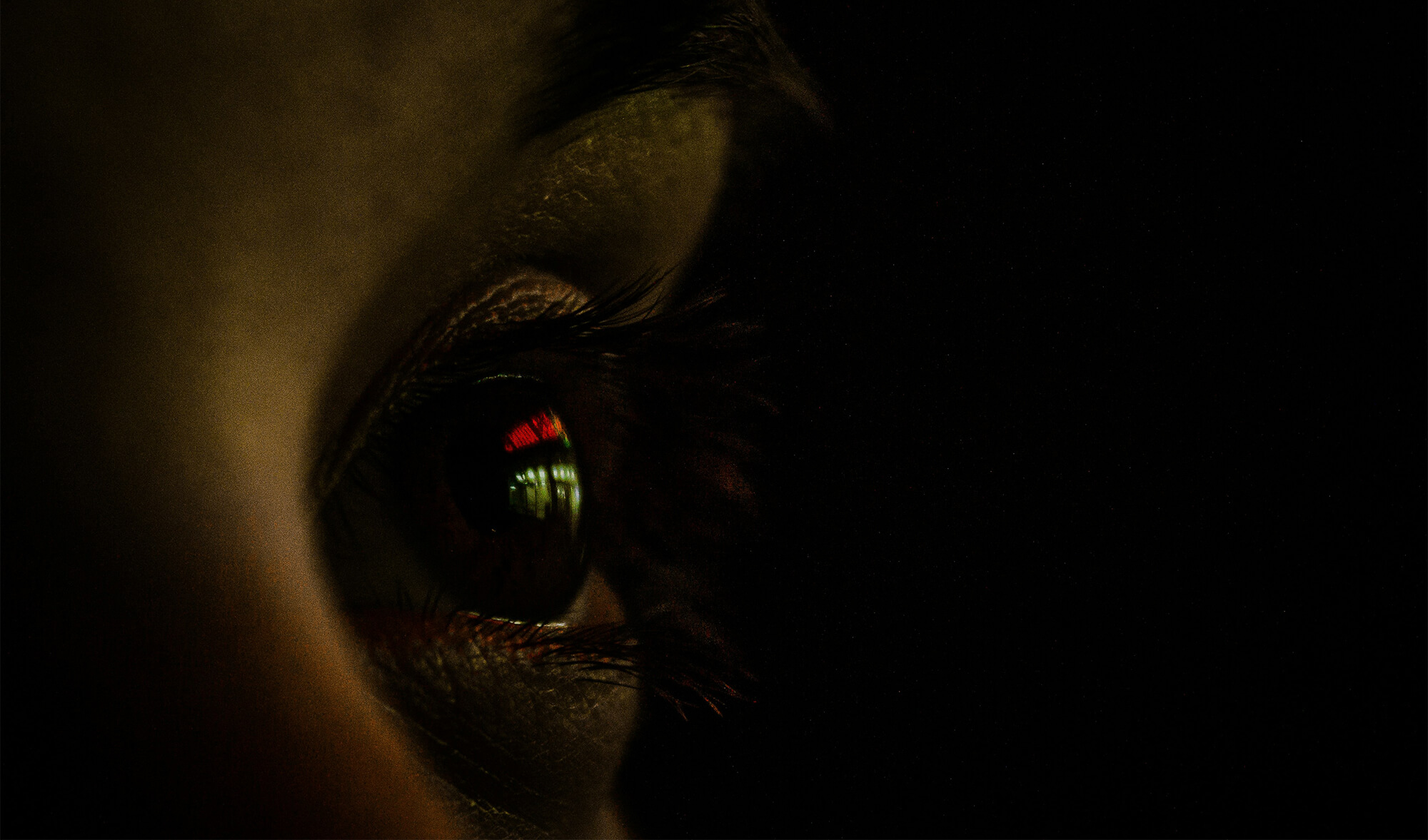 A close-up of a person’s eye emerging from darkness, reflecting faint red and green lights.